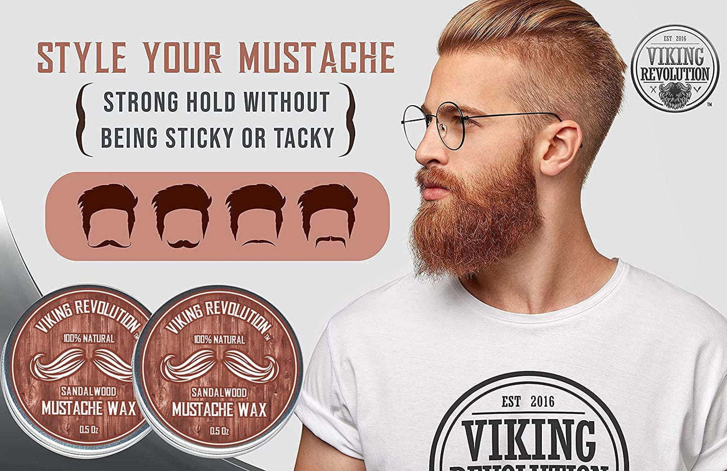 Viking Revolution Mustache Wax 2 Pack - Beard & Moustache Wax for Men - Strong Hold Helps Train Tame & Style (Sandalwood, 2 pack)