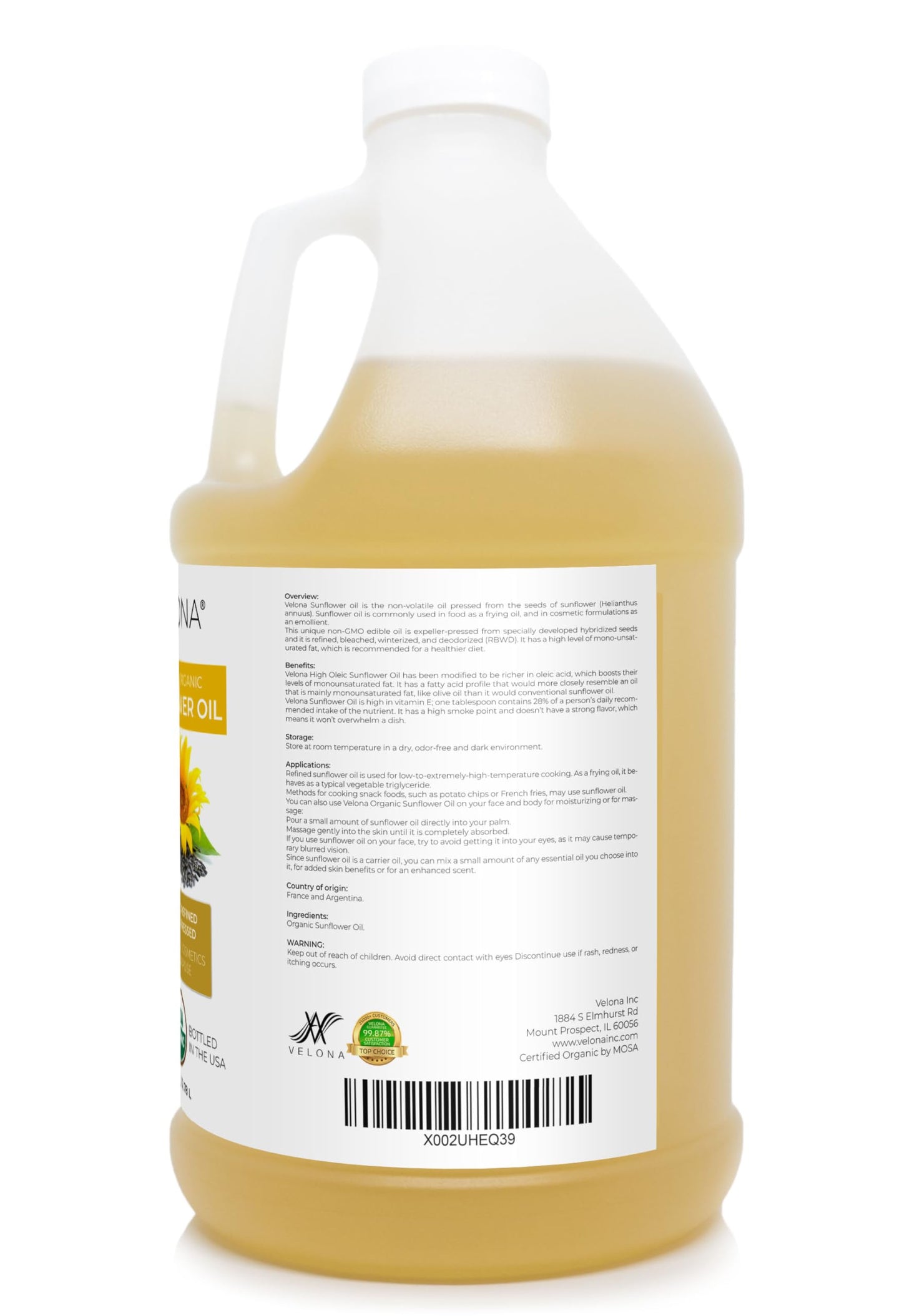 velona USDA Certified Organic Sunflower Oil - 1 Gallon / 128 Fl Oz | 100% Pure and Natural Carrier Oil | High Oleic, Refined, Cold Pressed