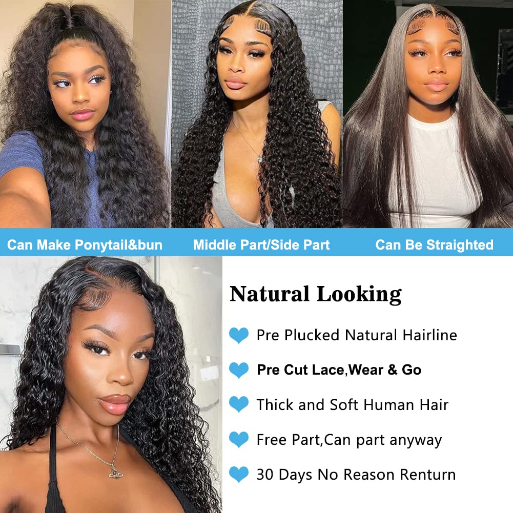 4GIRL4EVER Wet and Wavy Glueless wigs human hair Wear & Go Wigs T Part Lace Front Wigs Pre-cut 4x1 HD Lace Closure Human Hair Wigs for Black Women Water Wave Wig 180% Density Natural Black 20 Inch