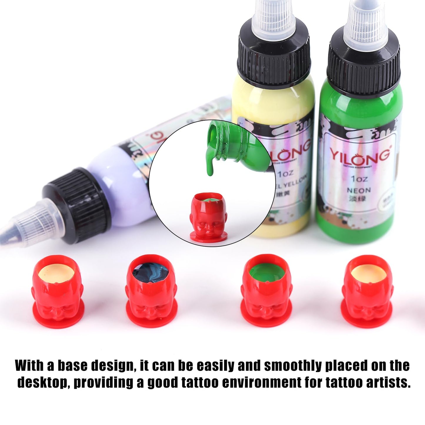 Peslief 200PCS Tattoo Ink Caps Disposable Plastic Doll Tattoo Ink Cups with Base Pigment Caps Ink Cups for Tattooing Permanent Makeup Container for Tattoo Ink Tattoo Supplies - Red