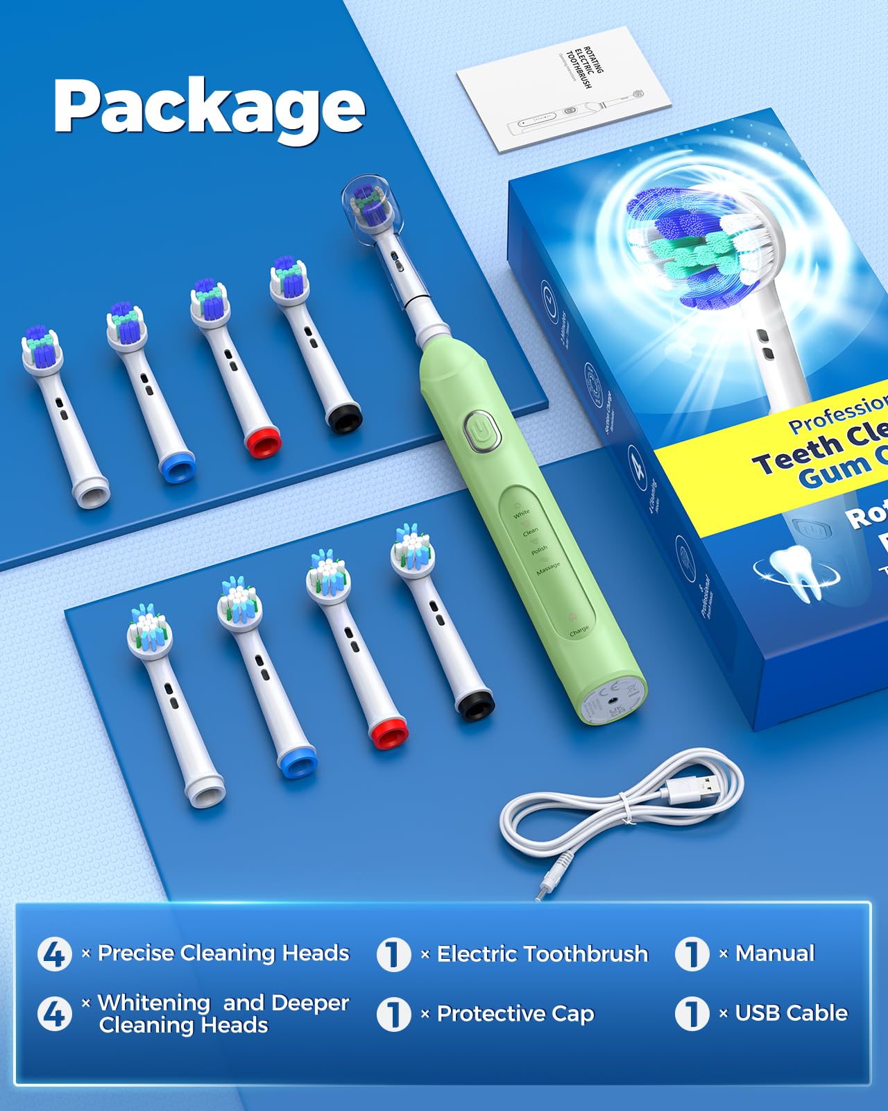 TEETHEORY Rotating Electric Toothbrush for Adults with 8 Brush Heads (2 Types), 4 Modes Deep Clean Electric Toothbrush with Rechargeable Power and 2 Min Smart Timer (6-Green, p1)
