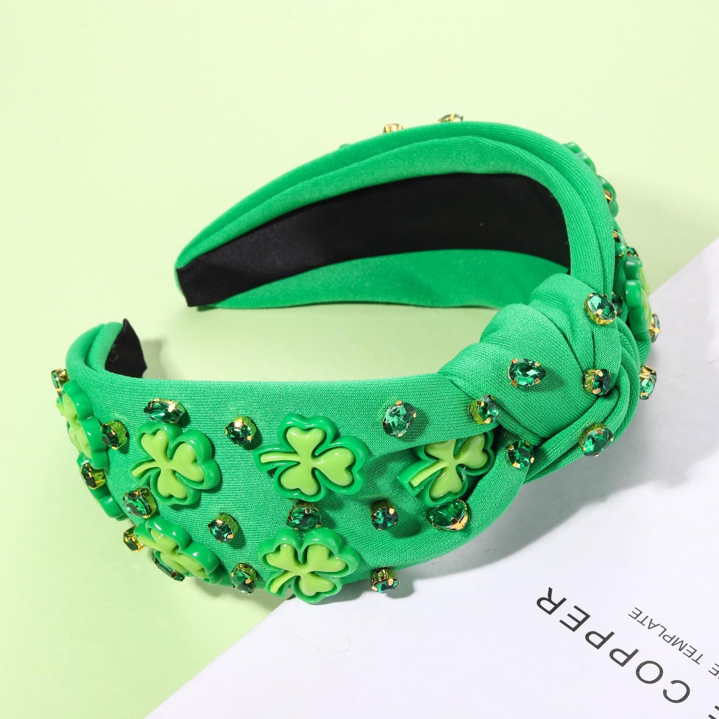 CEALXHENY Women's St. Patrick's Day Headband, Green Shamrock Embellished Crystal Rhinestone Knotted Headband, Irish Holiday Gifts (Shamrock 2)