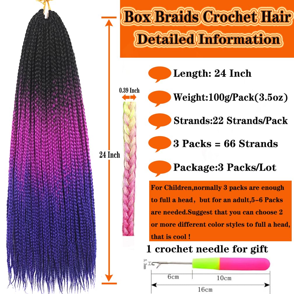 Box Braids Crochet Hair 24 Inch Prelooped Crochet Hair Extensions Hand Made 3 Packs Twist Crothet Braids Hair for Girls and Women Braiding Hair Extensions 22 Strands/Pack (Black-Purple Red-Blue)