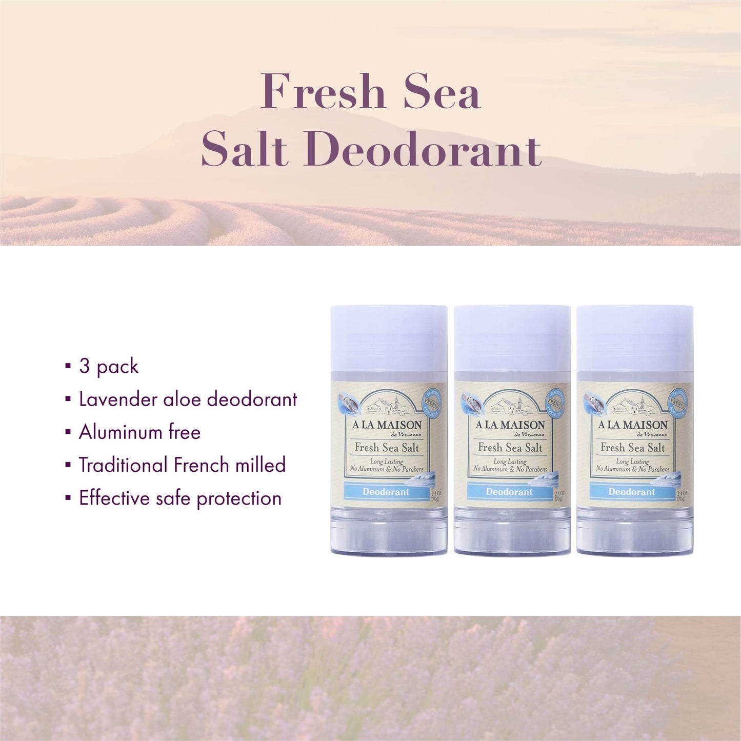 A La Maison Lavender Aloe Aluminum Free Deodorant for Women and Men - Natural Deodorant (3 Stick Bulk Pack)