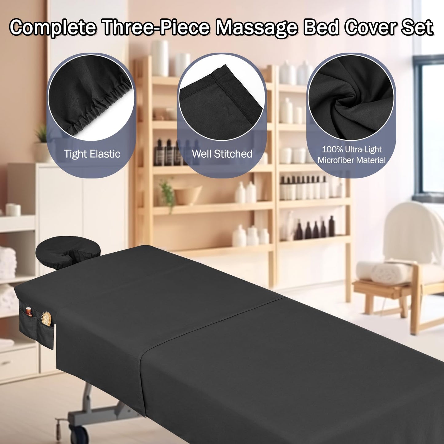 6 Sets Microfiber Massage Table Sheets Set, Massage Sheet Set with Storage Pocket Include Massage Table Cover, Massage Fitted Sheet, Massage Face Rest Cover for Beauty Salon Spa Hair Salon (Black)