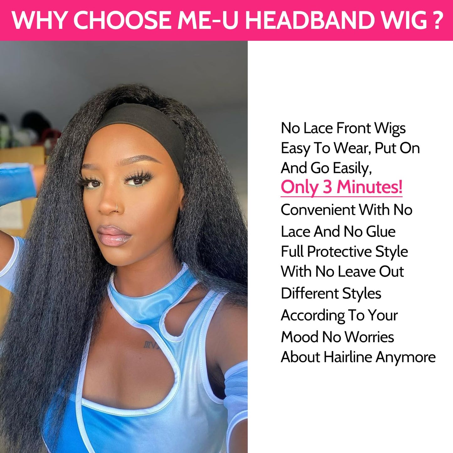 ME-U Headband Wig Human Hair Kinky Straight Guleless Wigs for Black Women Wear and Go 180% Density Yaki Straight Wig No Lace Natural Black Color 28 Inch