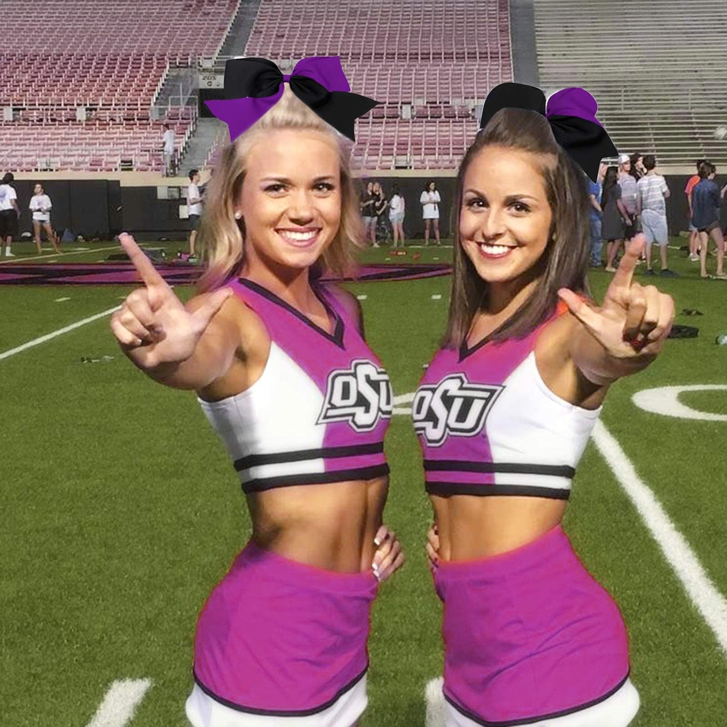 16PCS 8" Large Cheer Hair Bows Ponytail Holder Elastic Band Handmade for Cheerleading Teen Girls College Sports (Black/Purple, 16 Count (Pack of 1))