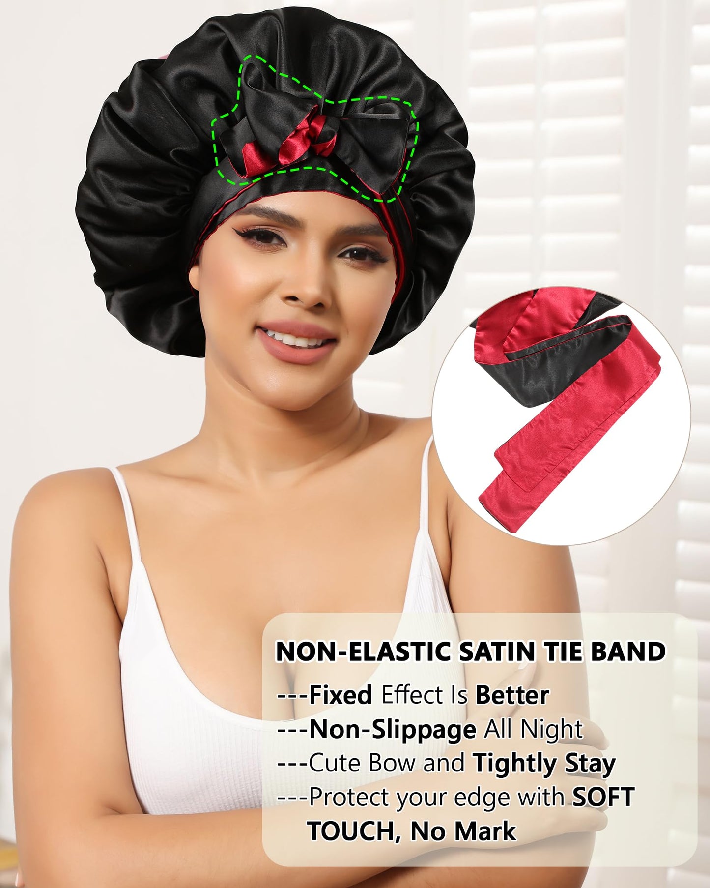 Satin Bonnet Silk Hair Bonnets for Women Curly Hair Wrap for Sleeping Cap Reversible Bonnet with Tie Band Night Cap Double Layer Sleep Cap for Curly Hair (Black + Red)