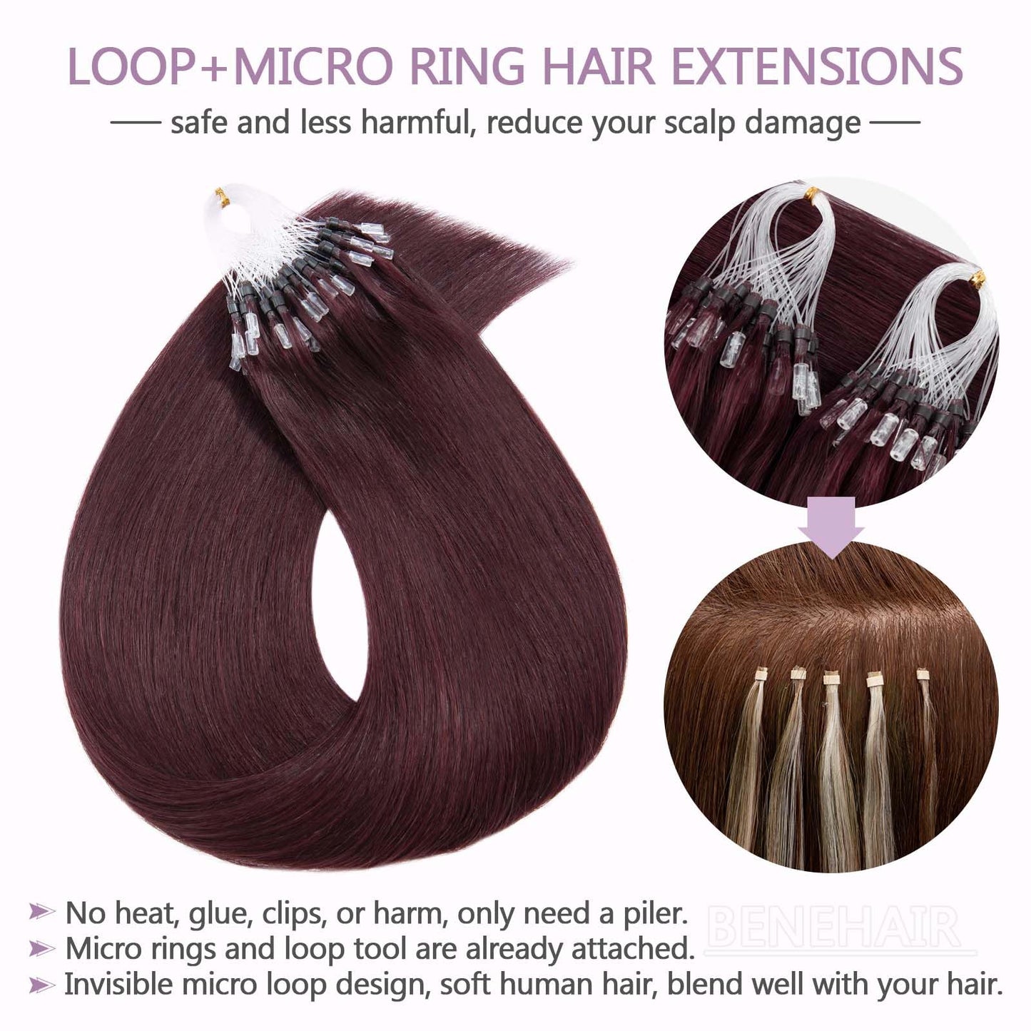Benehair Micro Loop Hair Extensions Real Human Hair Wine Red Microlink Hair Extensions Human Hair 22inch Micro Link Hair Extensions for Women Invisible Natural Hair Extensions Add Volume