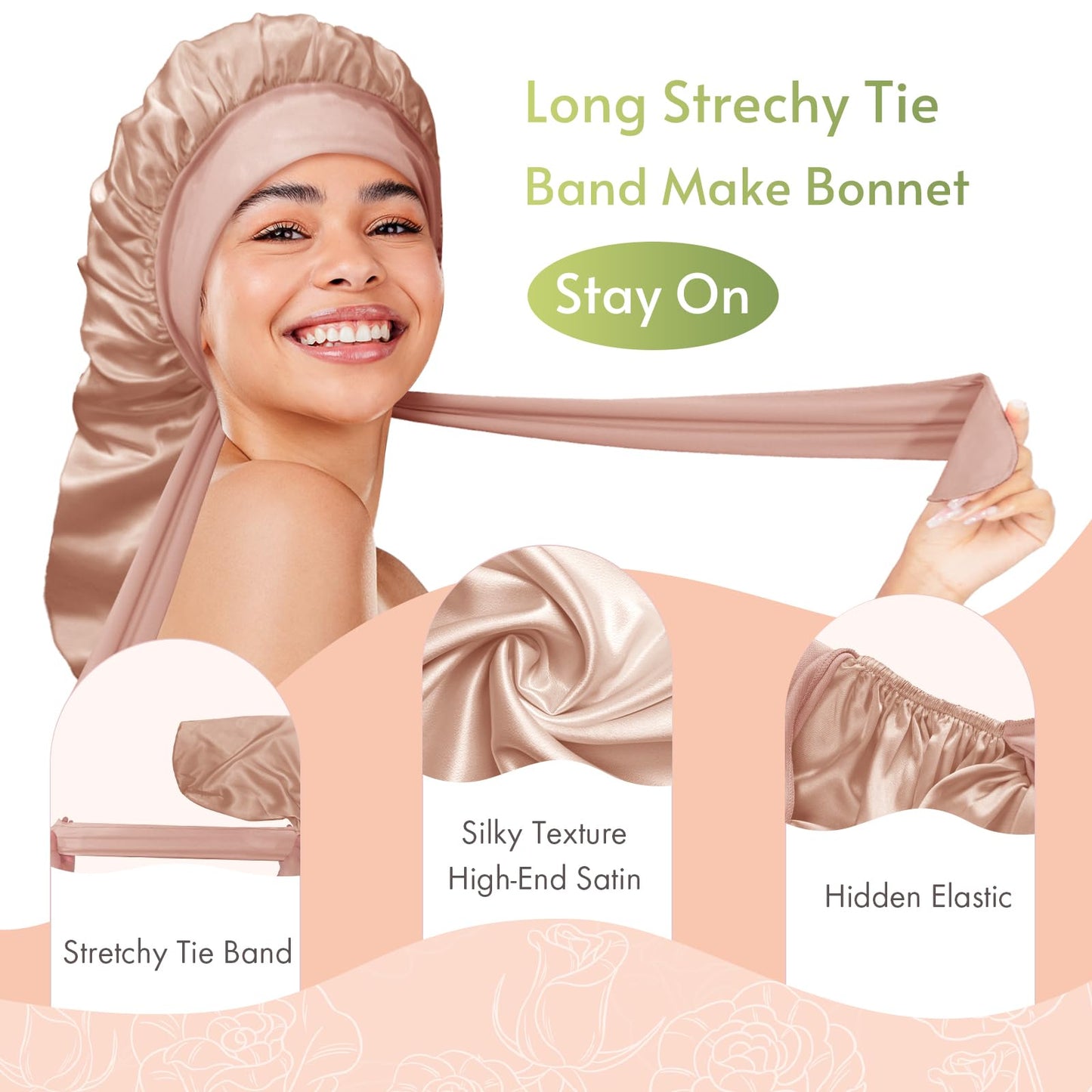 BONNET QUEEN Bonnet for Braids Silk Bonnet Satin Bonnet Braid Bonnet for Sleeping Large Long Hair Bonnet Sleep Cap with Tie Band Champagne