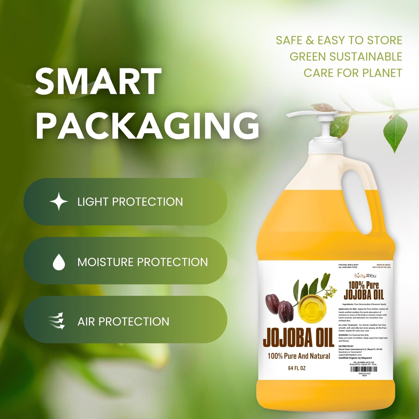 BodyJ4You USDA Organic Jojoba Oil Bulk - 100% Pure Natural Cold Pressed Non-GMO Wax - Base Carrier Oil - 64 Fl Oz