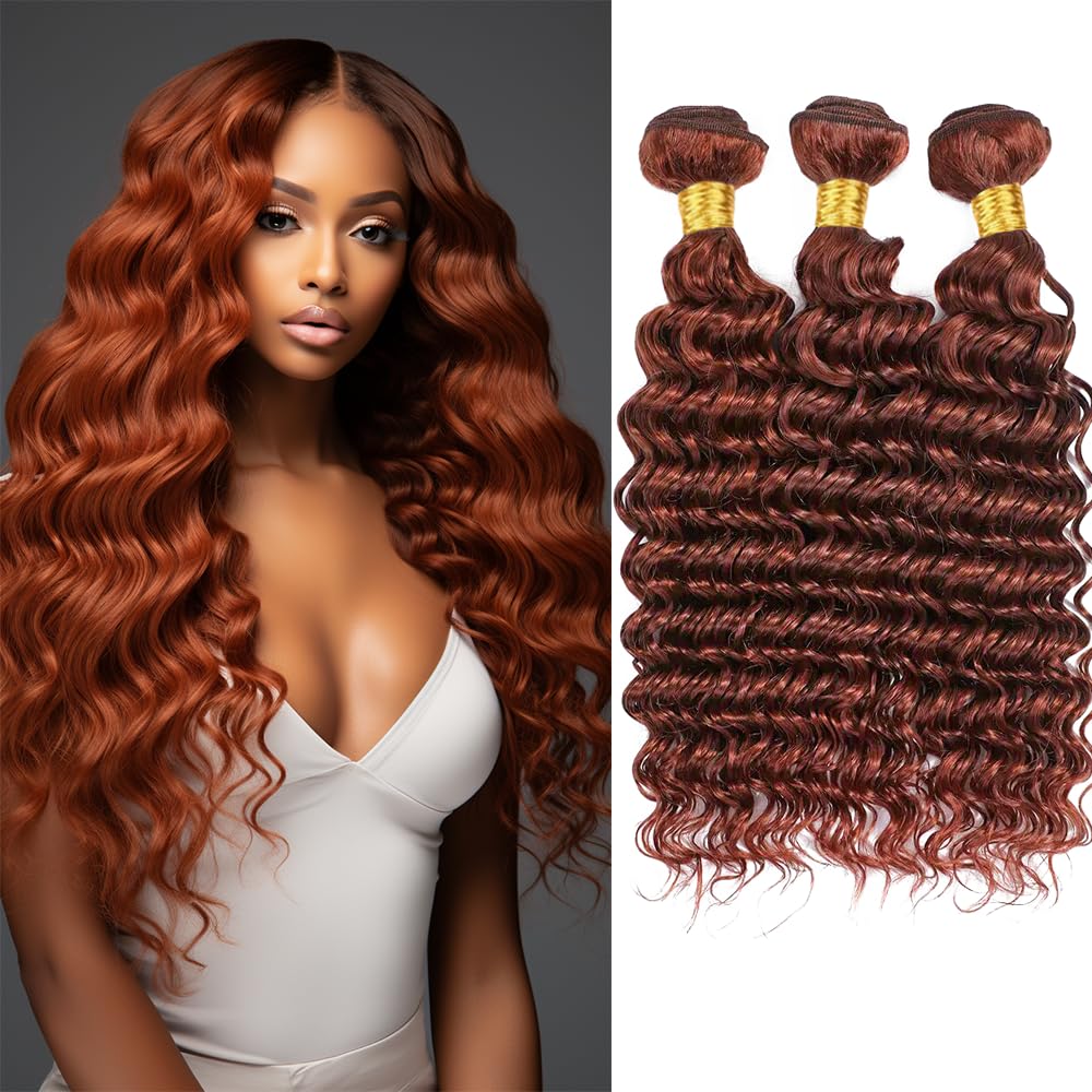 Reddish Brown Deep Curly Bundles Human Hair Copper Red Bundles Color 33 Human Hair Bundles Double Weft Wet and Wavy Auburn Deep Wave Bundles Silky and Soft for Black Women 22 24 26 Inch