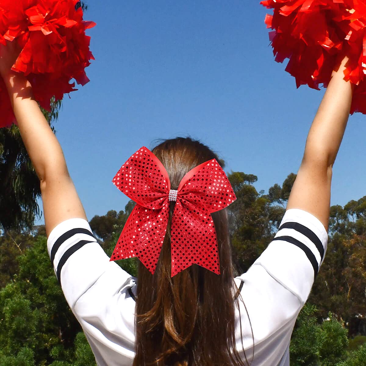 CEELGON Red Glitter Cheer Bow Bulk Large Hair Bows Breast Cancer 8inch for Toddler Girls Jumbo Cheerleading Ponytail Holder Team Gifts for Teen Hair Ribbons Softball Cheerleader Pack of 10