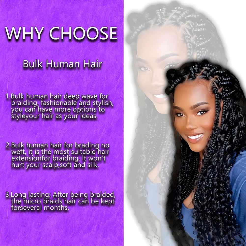 ZFY Human Braiding Hair 150g 20 Inch Deep Wave Bulk Human Hair for Braiding Boho Braids 100% Unprocessed Brazilian Virgin Human Hair Extensions No Weft 3 Bundle/Pack Natural Color