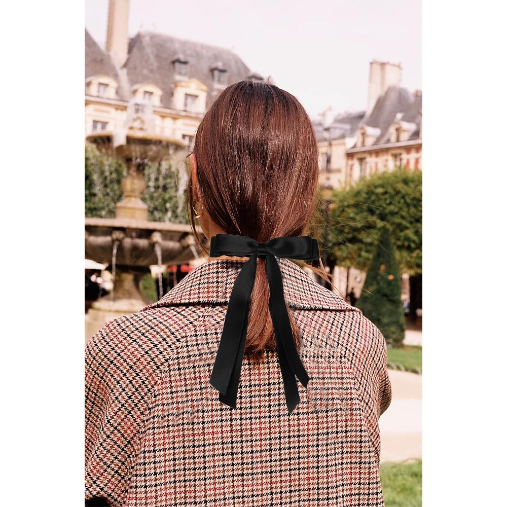 Bmobuo Hair Clip, 3Pcs Satin Bows for Hair - Hair Ribbons for Women in Beige, Black, Champagne