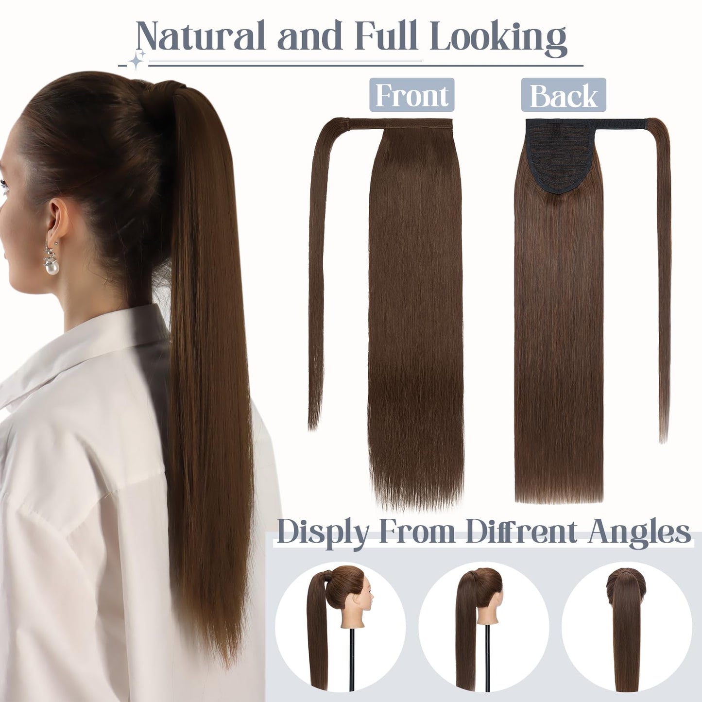Rich Choices Ponytail Extension Human Hair #4 Medium Brown Real Hair Ponytail Extension Balayage One Piece Clip In Wrap Around Long Ponytail Extension Straight For Women 20 Inch 95g