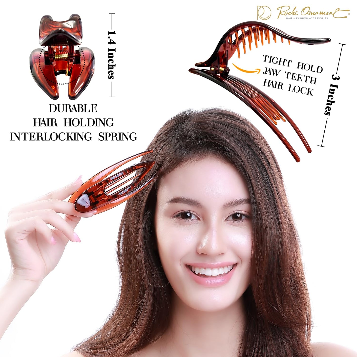 RC ROCHE ORNAMENT 6 Pcs Womens French Concord Curved Hair Clip No Slip Strong Grip Comfortable Hold Girls Ladies Beauty Accessory Pin Teeth Clamp, Medium Brown