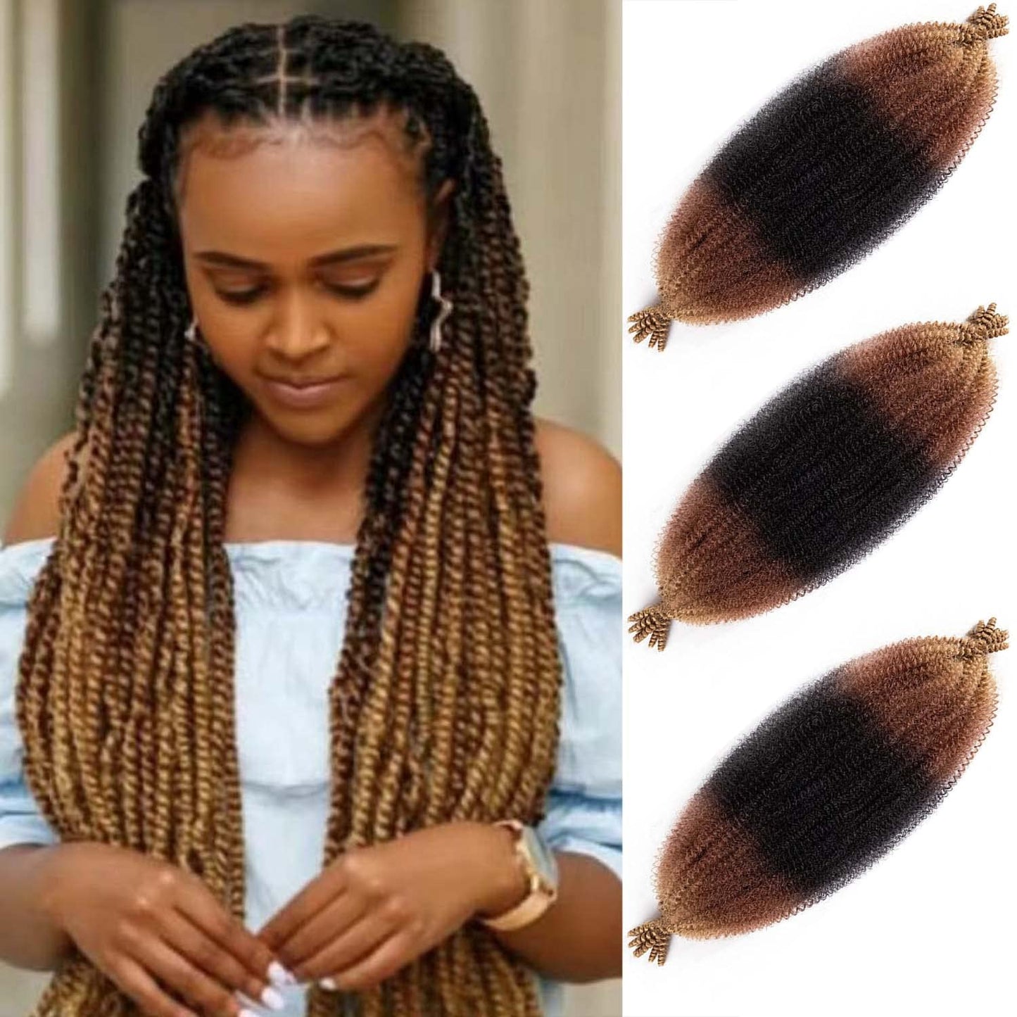 Black Brown Springy Afro Twist Hair 24 Inch 3 Packs Afro Twist Spring Hair Braiding Hair Extension (24 Inch, 3packs, 1B/30/27#)