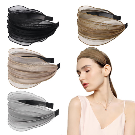 Wide Lace Headbands for Women, 4Pcs Solid Color Headband Cute Hair Hoop Vintage Knotted Hair Band with Teeth Girls Headwrap Fashion Hair Accessories (Solid Color-black,gray,khaki,coffee, Large)