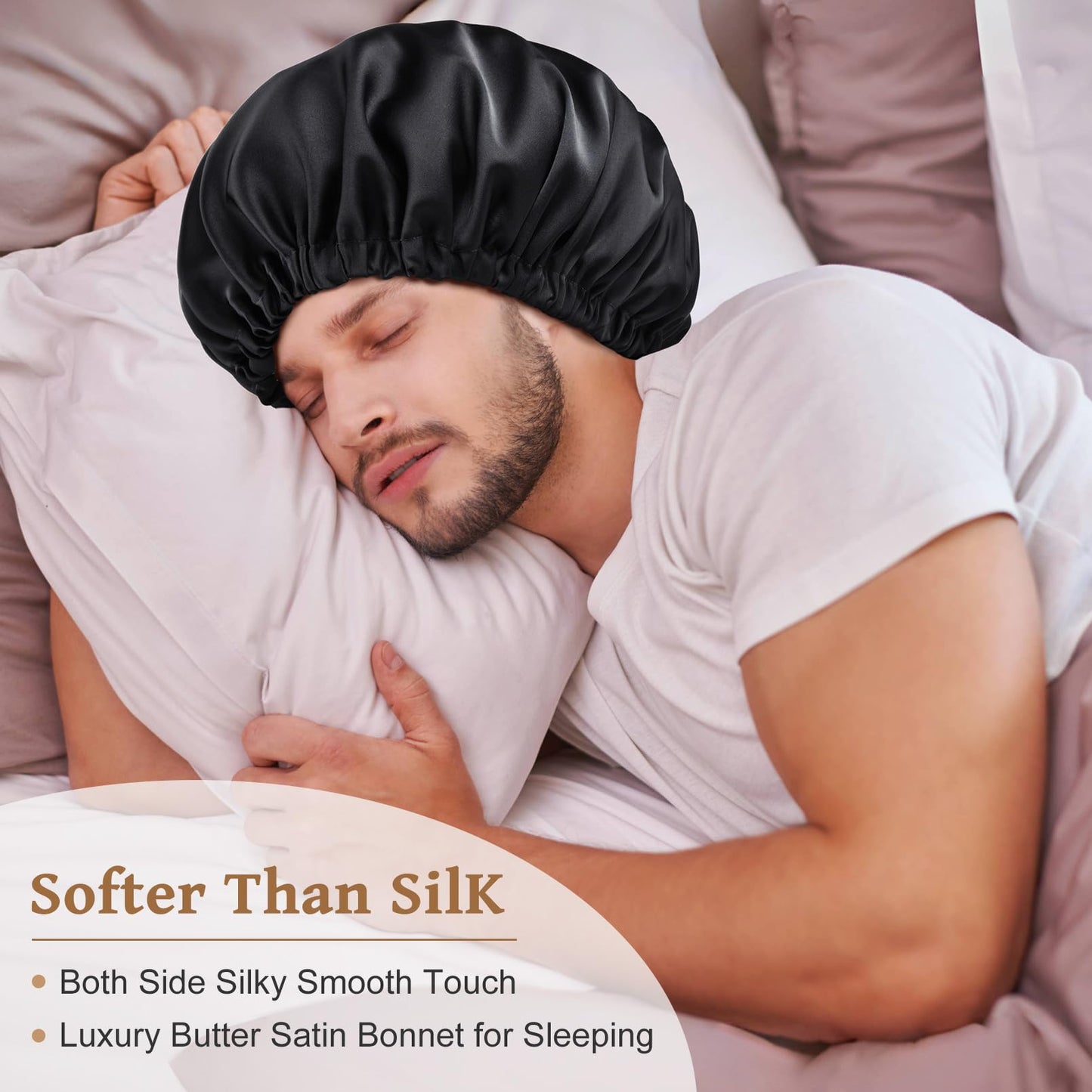Silk Bonnet for Men Sleeping Satin Bonnet Hair Bonnets Double Layer Ajustable Bonnet Curly Braids Hair for Black Men and Women Sleep Cap (Black/Champagne)