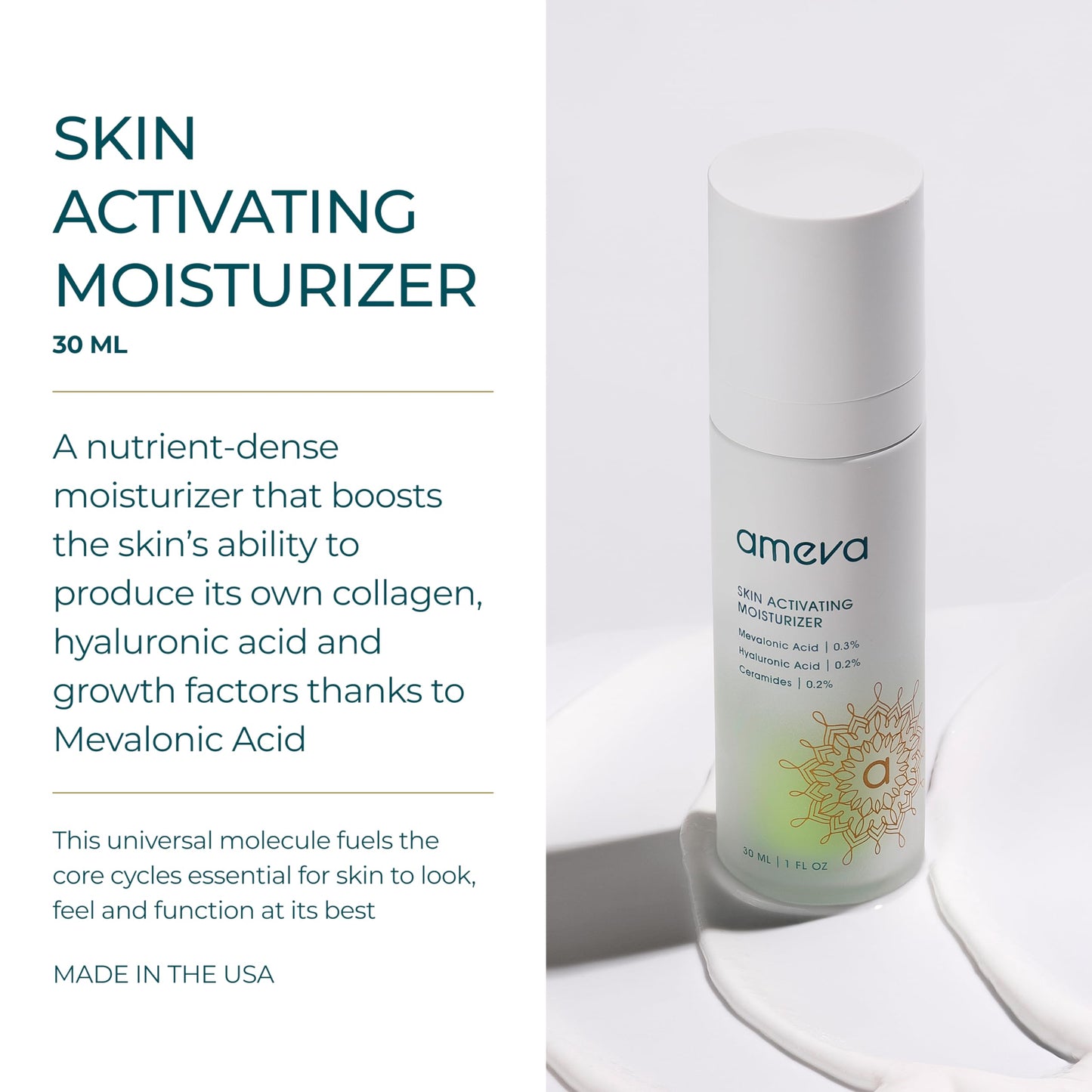 AMEVA Mevalonic Acid Skin Activating Moisturizer: 100% Plant-Based, Vegan, Anti-Aging Formula, For Sensitive Skin, Boosts Collagen, Hyaluronic Acid and Retinol, Reduces Redness, Jojoba Oil, Ceramides