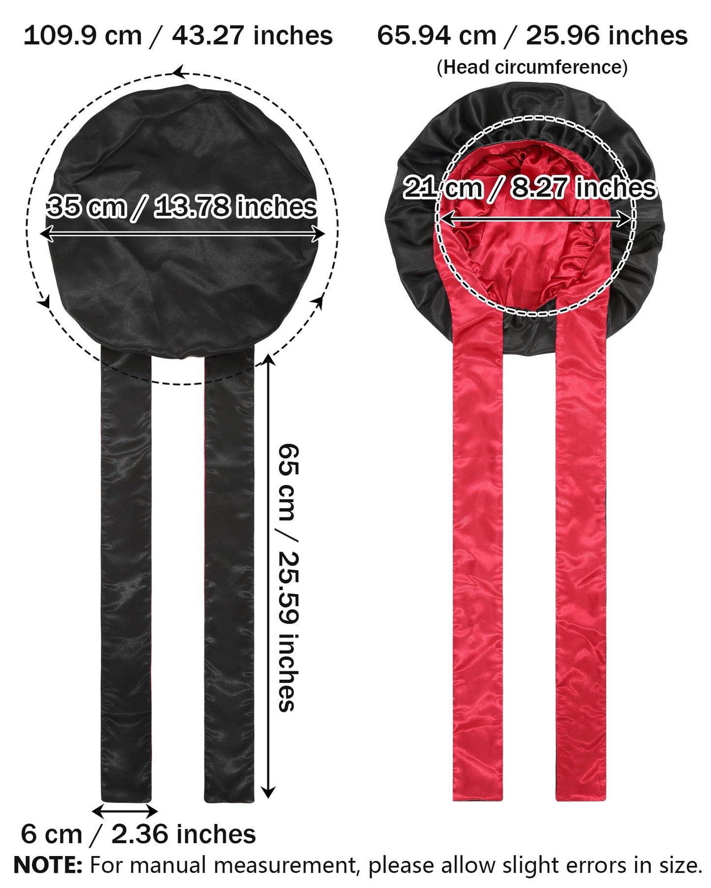 Satin Bonnet Silk Hair Bonnets for Women Curly Hair Wrap for Sleeping Cap Reversible Bonnet with Tie Band Night Cap Double Layer Sleep Cap for Curly Hair (Black + Red)