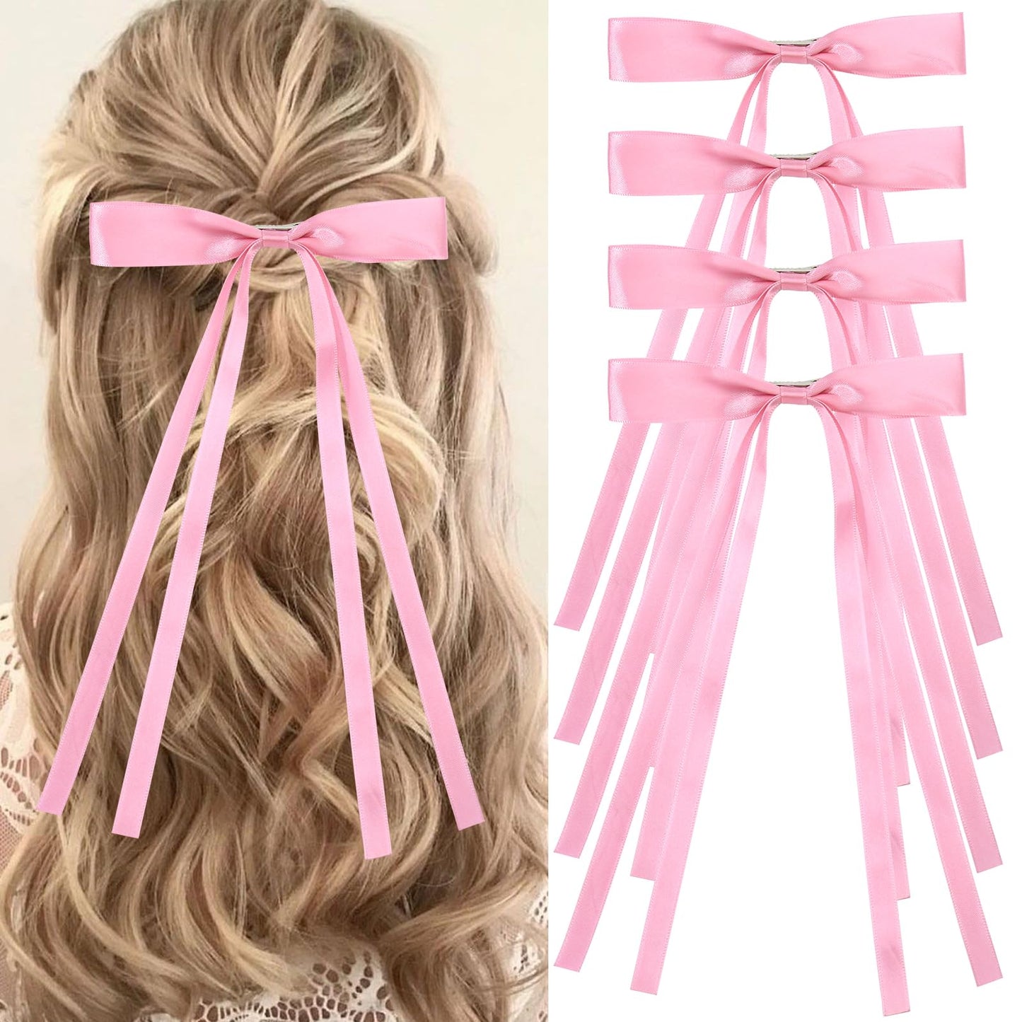 Vodolo Pink Hair Bows for Women,4 PCS Large Bow Hair Clips Tassel Ribbon Bowknot With Long Tail,Ribbon Hair Bows Barrettes for Thick Thin Hair,Nonslip Hair Accessories Christmas Birthday Gifts