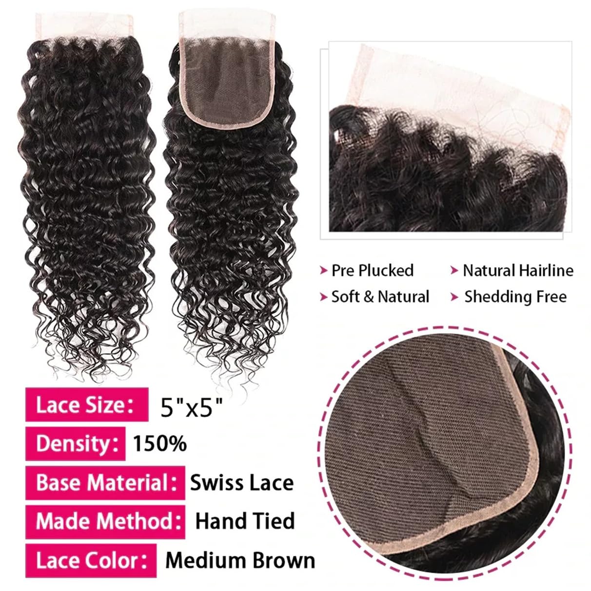 Brazilian Water Wave 5x5 Lace Closure 100% Unprocessed Human Virgin Hair Natural Wave Closure Pre-Plucked Hairline Wet And Wavy Curly Closure With Baby Hair (20inch, 5x5 water wave closure)