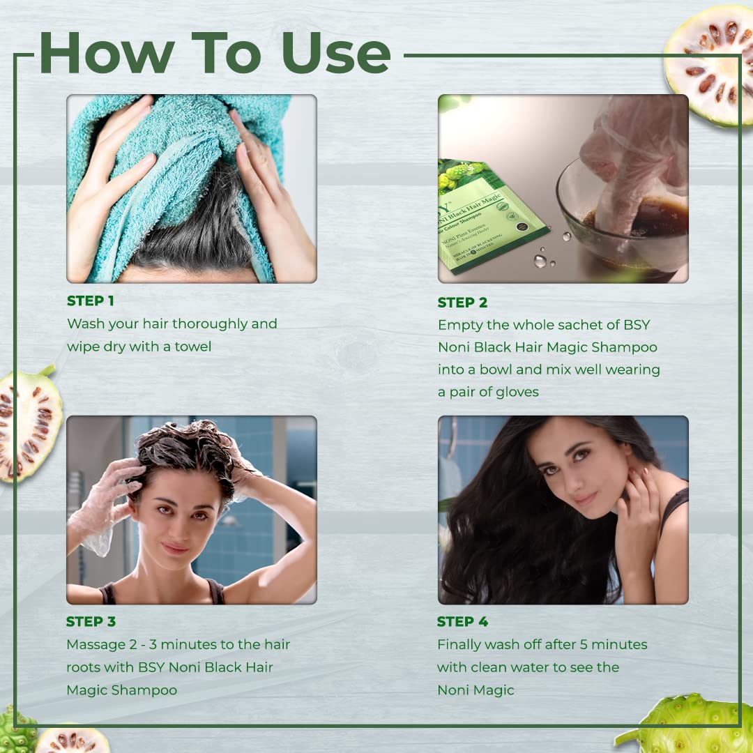 BSY Noni Black Hair Magic Hair Color Shampoo - Ammonia Free, Natural Black Permanent Hair Dye for Men and Women, 4 Sachets (0.67 Fl Oz each), Suitable for Gray Hair