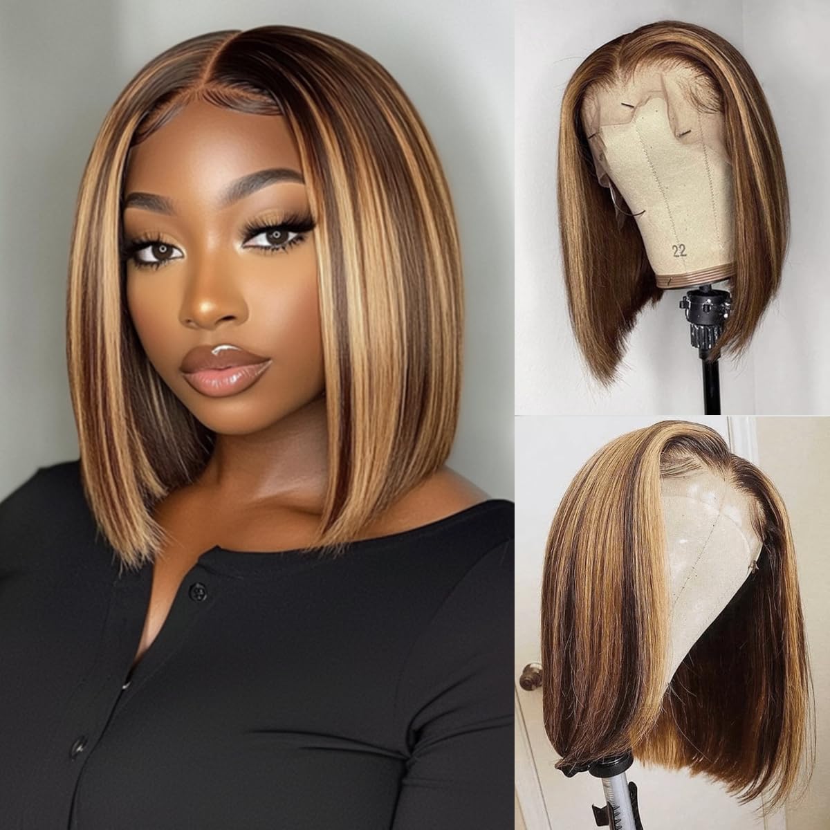 Rebecca Beauty Highlight Ombre Bob Lace Front Wigs Human Hair Upgraded 4x4 Closure Bob Wig 12 Inch Pre Plucked Short Straight Bob Wig for Black Women (Color TTPI4/27)