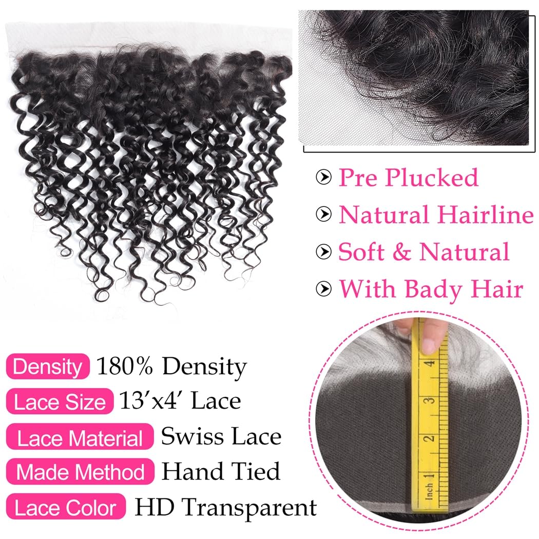 Odir Deep Wave Hair Bundles with 13x4 Frontal Brazilian Human Hair Deep Curly Hair 3 Bundles with Lace Frontal 14 16 18+12 Inch 9A Unprocessed Virgin Hair Natural Color