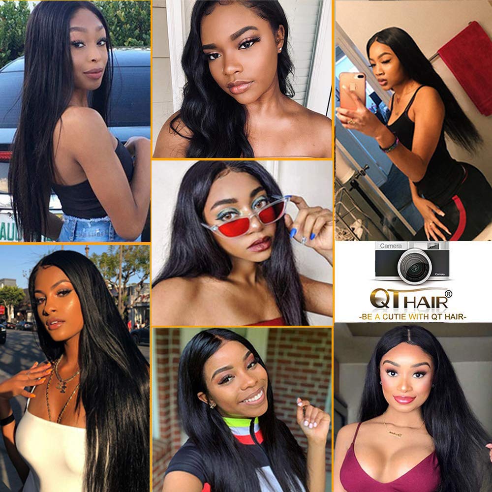 QTHAIR 14A Grade Brazilian Straight Human Hair Bundles With Frontal (12 14 16+10 13x4 Ear to Ear Lace Frontal 100% Unprocessed Virgin Brazilian Human Hair Straight Hair Natural Color