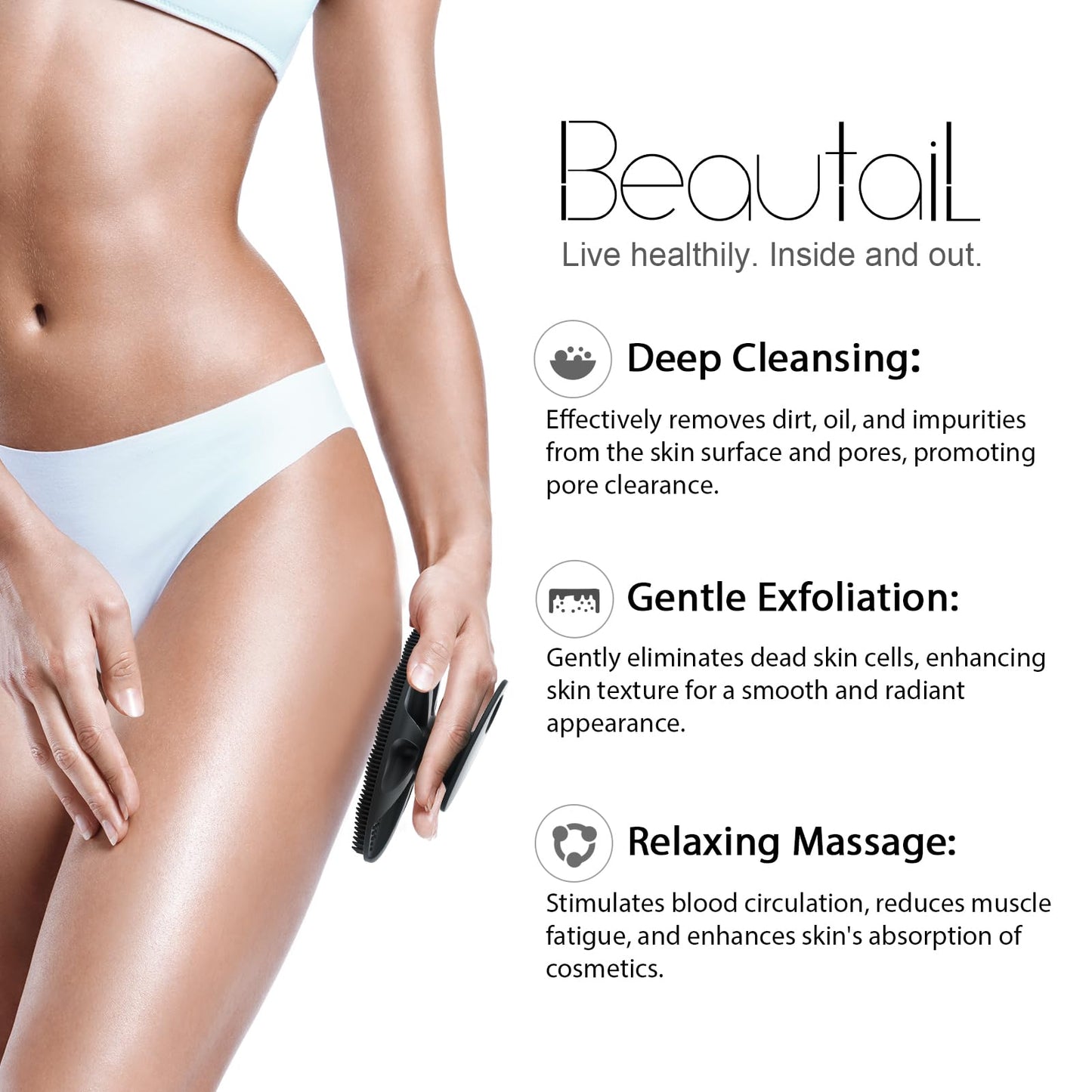 BEAUTAIL 1 Pack Silicone Body Scrubber Bath Shower Brush and 1 Pack Silicone Scalp Massager Shampoo Brush, Black