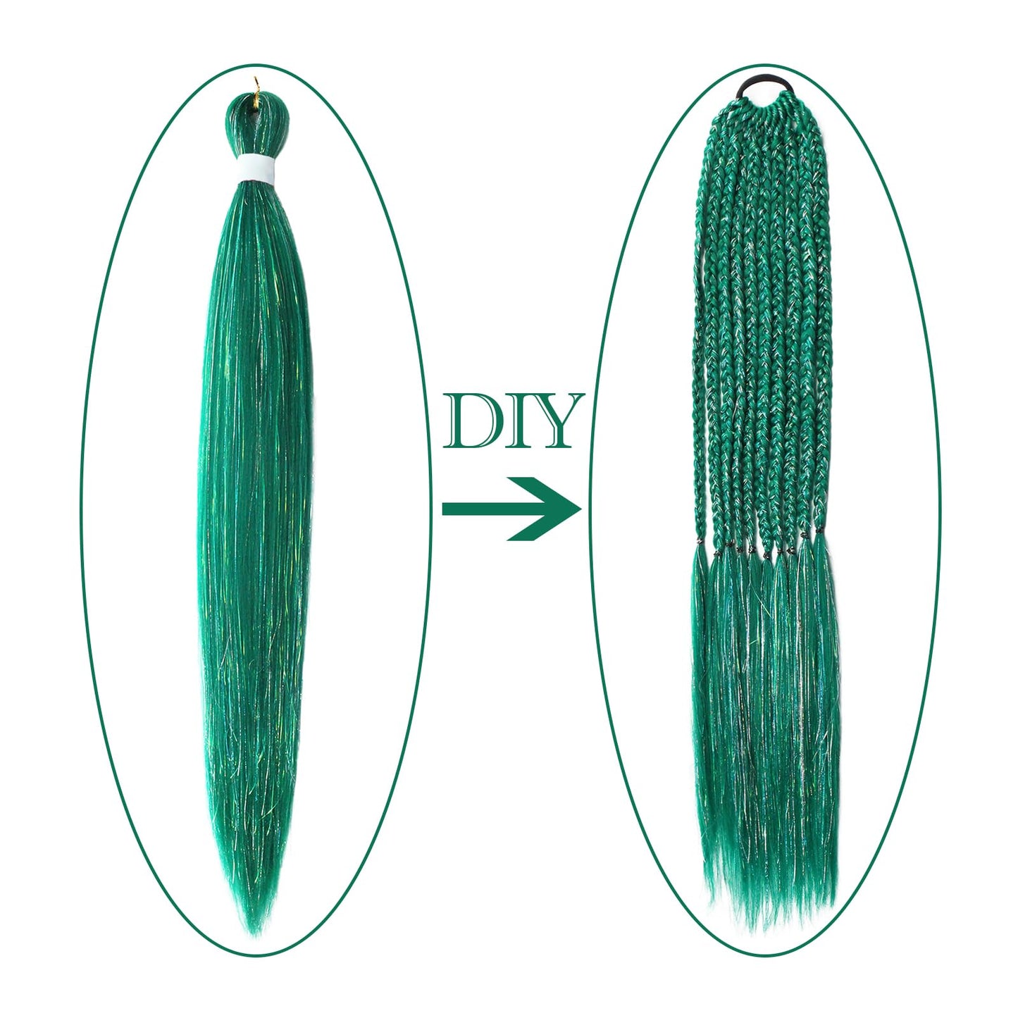 Savasana Green with Tinsel Pre stretched Braiding Hair, 26 Inches Box Braids Hair Extensions, 3 Packs Yaki Texture Braiding Hair Pre stretched