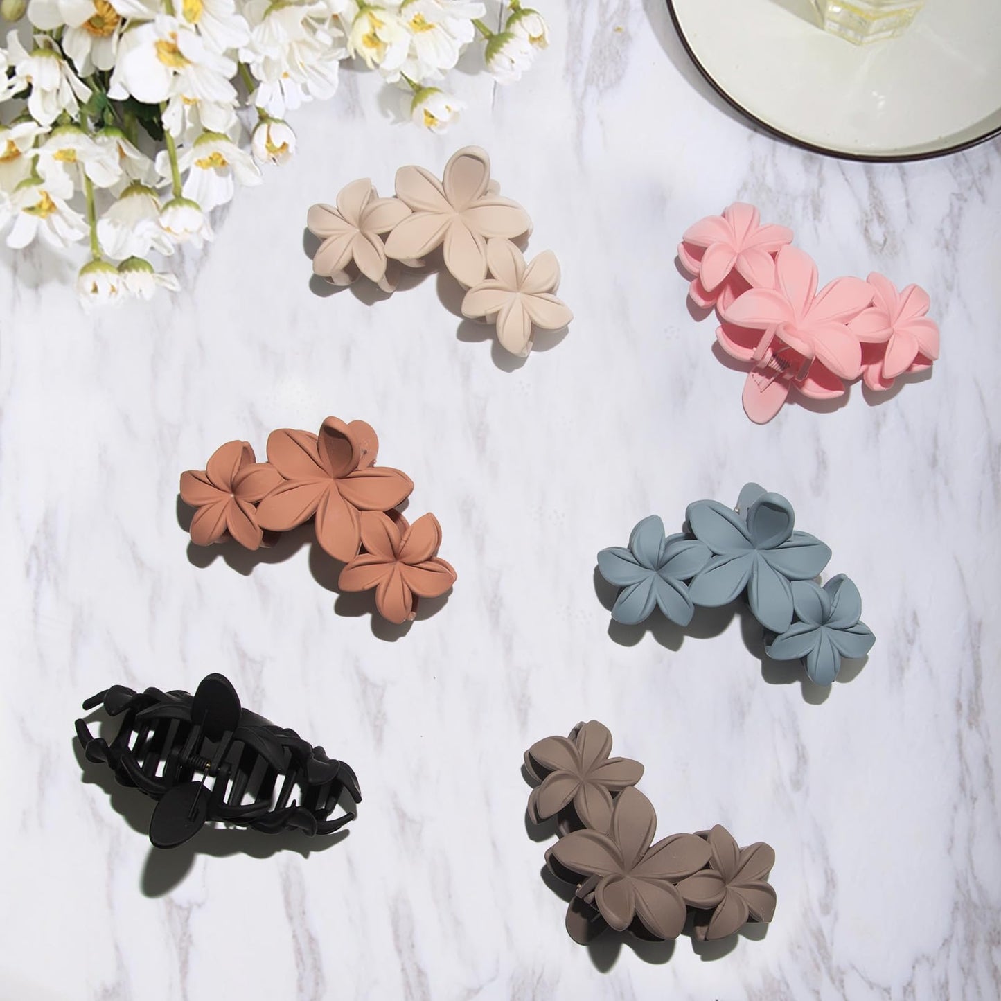 6Pcs Flower Hair Clips for Women, Preppy Flower Claw Clips, Hawaiian Plumeria Hair Flower Clip Large 4.3 Inch Cute Hair Claws for Thick Hair Strong Hold Hair Accessories (Matte Plumeria)