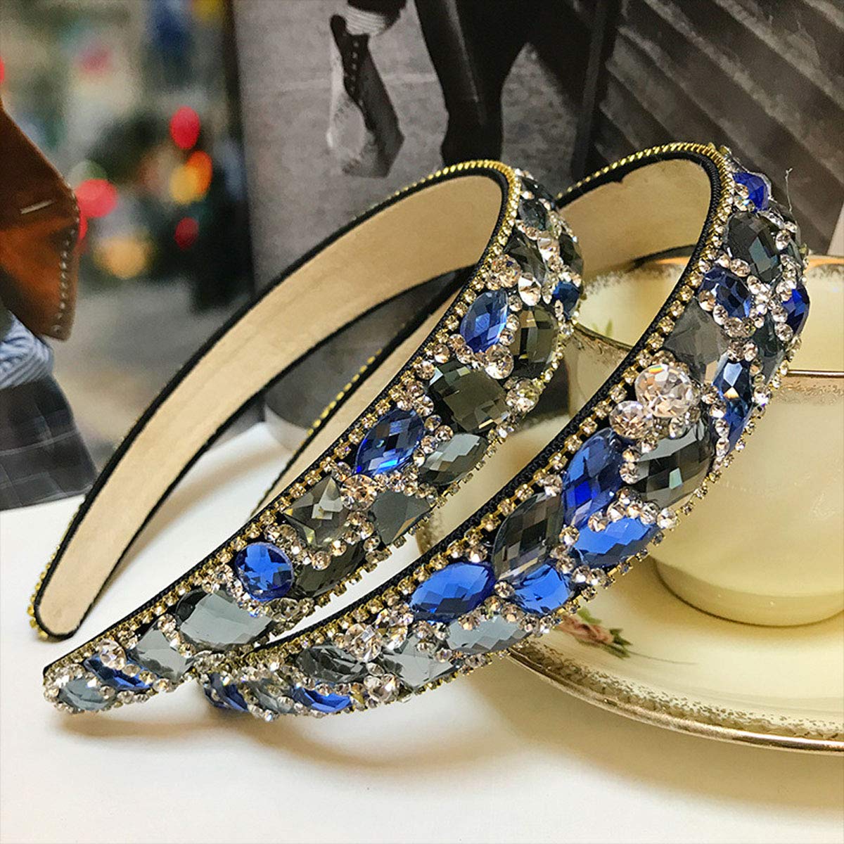 Women Lady Fashion Hair-Band Jewel Headbands Handmade Luxury Irregular Sparkle Crystal Rhinestone Wide-edge Headband Hair Hoop (Blue)
