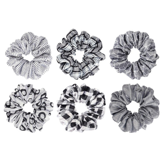 Radhu & Kabby Black & White Satin Scrunchies | Soft Ponytail Holders for Women/Girls | Perfect Hair Accessories for All Hair Types | Casual & Special Occasions | Set of 6