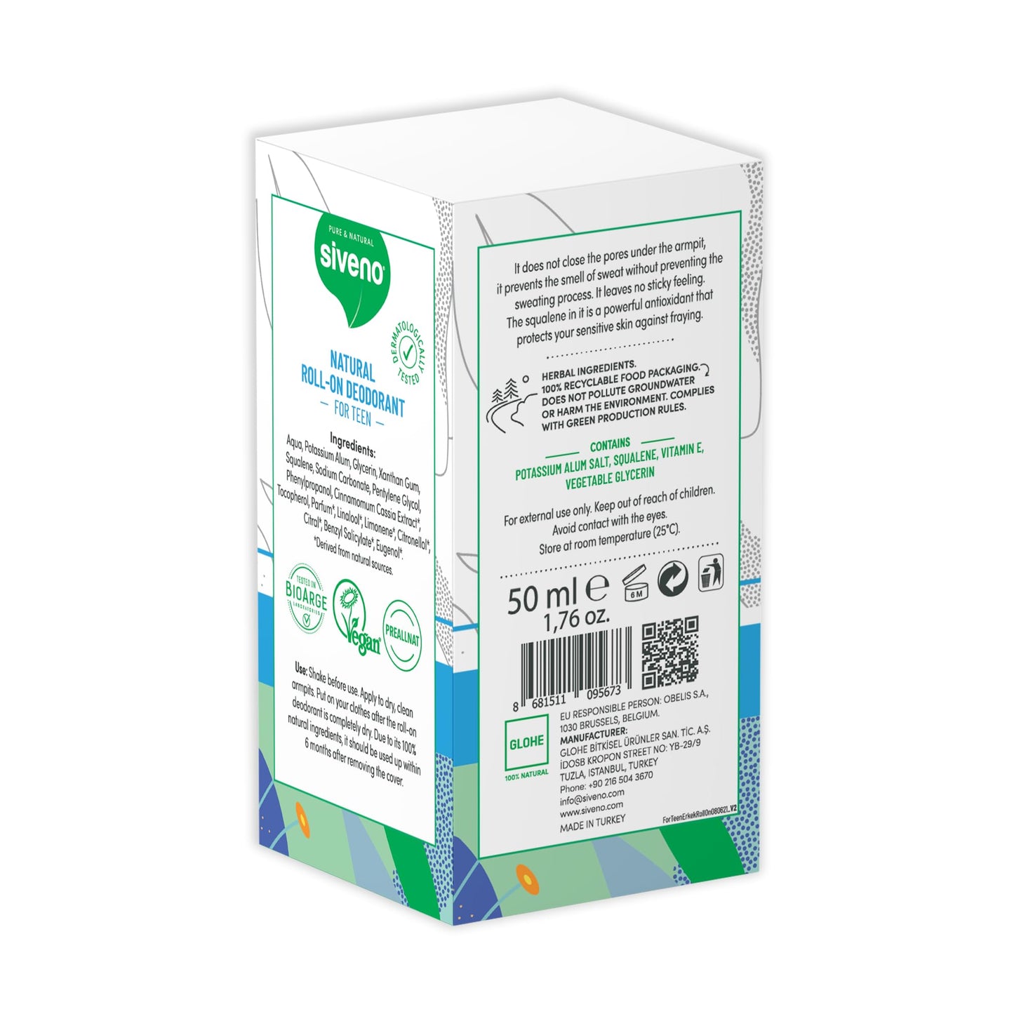 Siveno, All Natural Deodorant Roll-On | Aluminum Free Deodorant for Men & Teen Boy | Organic, Vegan | Fresh, Non Staining, Non Irritating | Cruelty Free, Non Toxic, Paraben Free | Teen Boy, Pack of 1