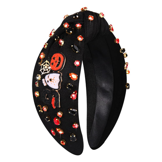 YAHPERN Halloween Headband for Women Spooky Pumpkin Ghost Headband Jeweled Rhinestone Knotted Headband Halloween Accessories