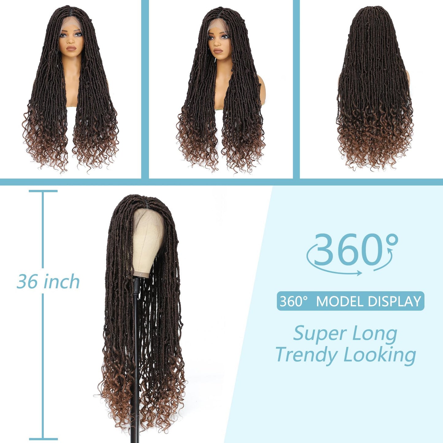 POSYTRESS 36 Inch Goddess Faux Locs Braided Wigs for Women Embroidery Lace Front Braided Wig with Curly Ends Knotless Full Lace Synthetic Goddess Locs Wig Brown Color Square Based Braided Wigs (#30)