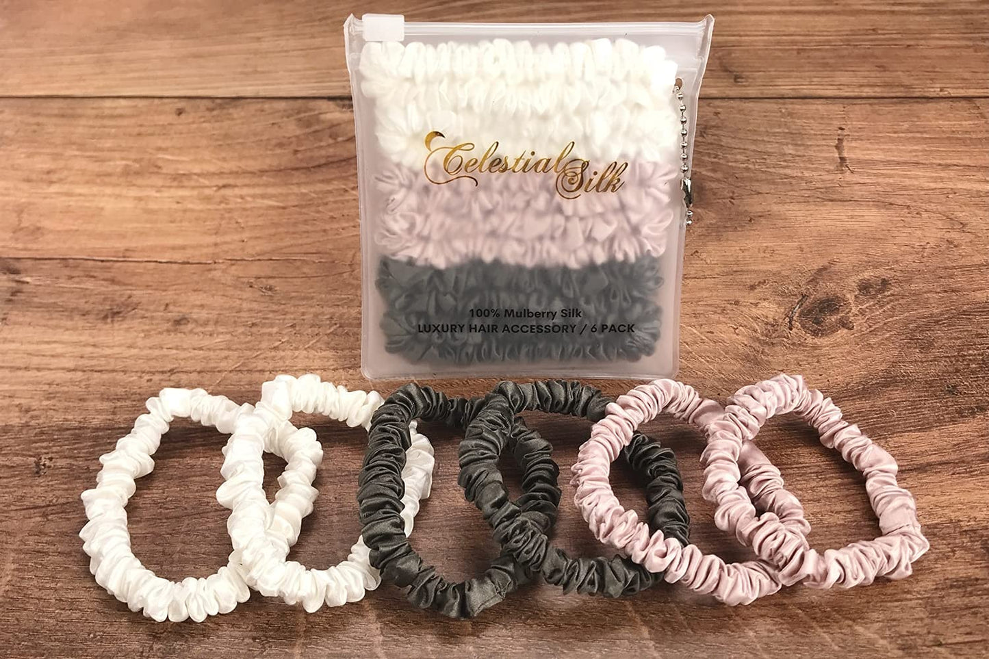 Celestial Silk Mini Scrunchies Small Mulberry Silk Scrunchy Hair Ties 22 Momme Skinny Silk Ponytail Holder, Gentle on Hair, Less Pulling, Breakage - 6 Pack (Charcoal, Pink, Ivory)