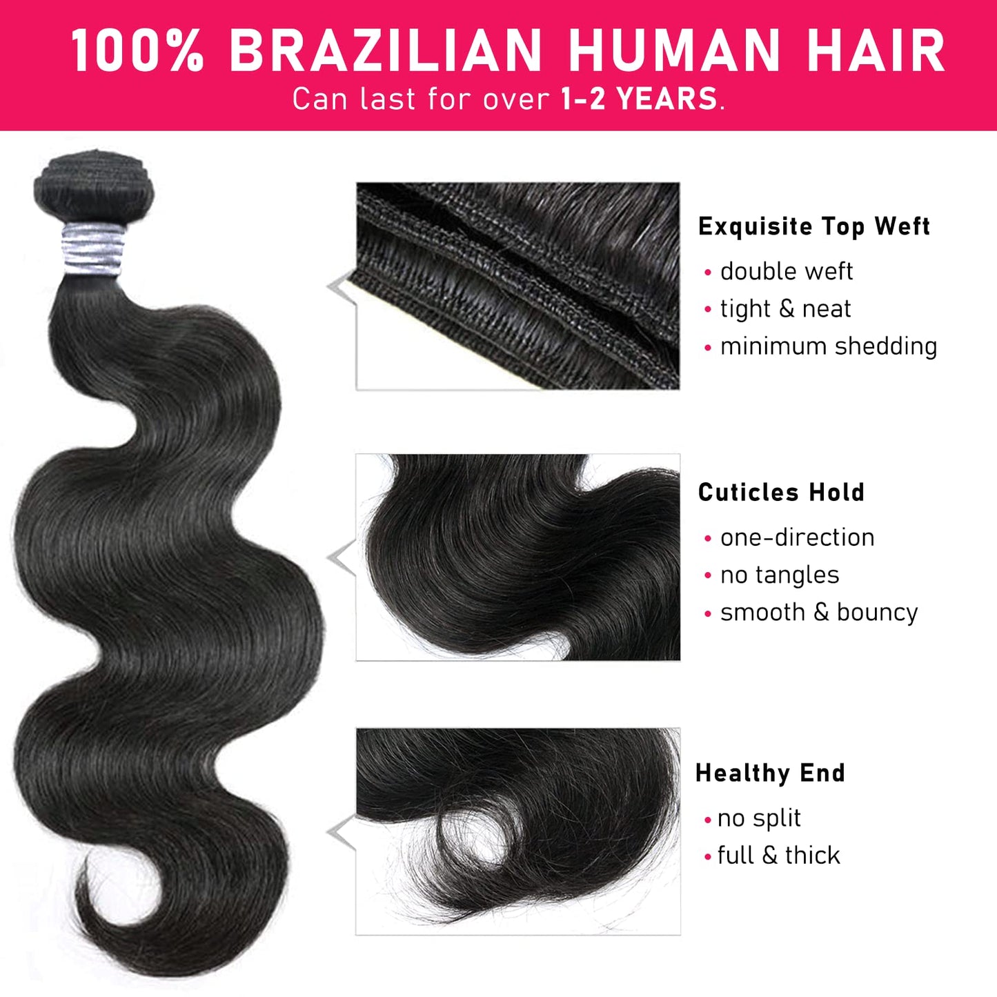 BERRYS FASHION Human Hair Bundles, 9A Brazilian Virgin Human Hair for Black Women, Body Wave Straight, Double Weft, Natural Black, 1 Bundle / 3 Bundles 10 12 14 16 18 20 22 24 26 28 inch