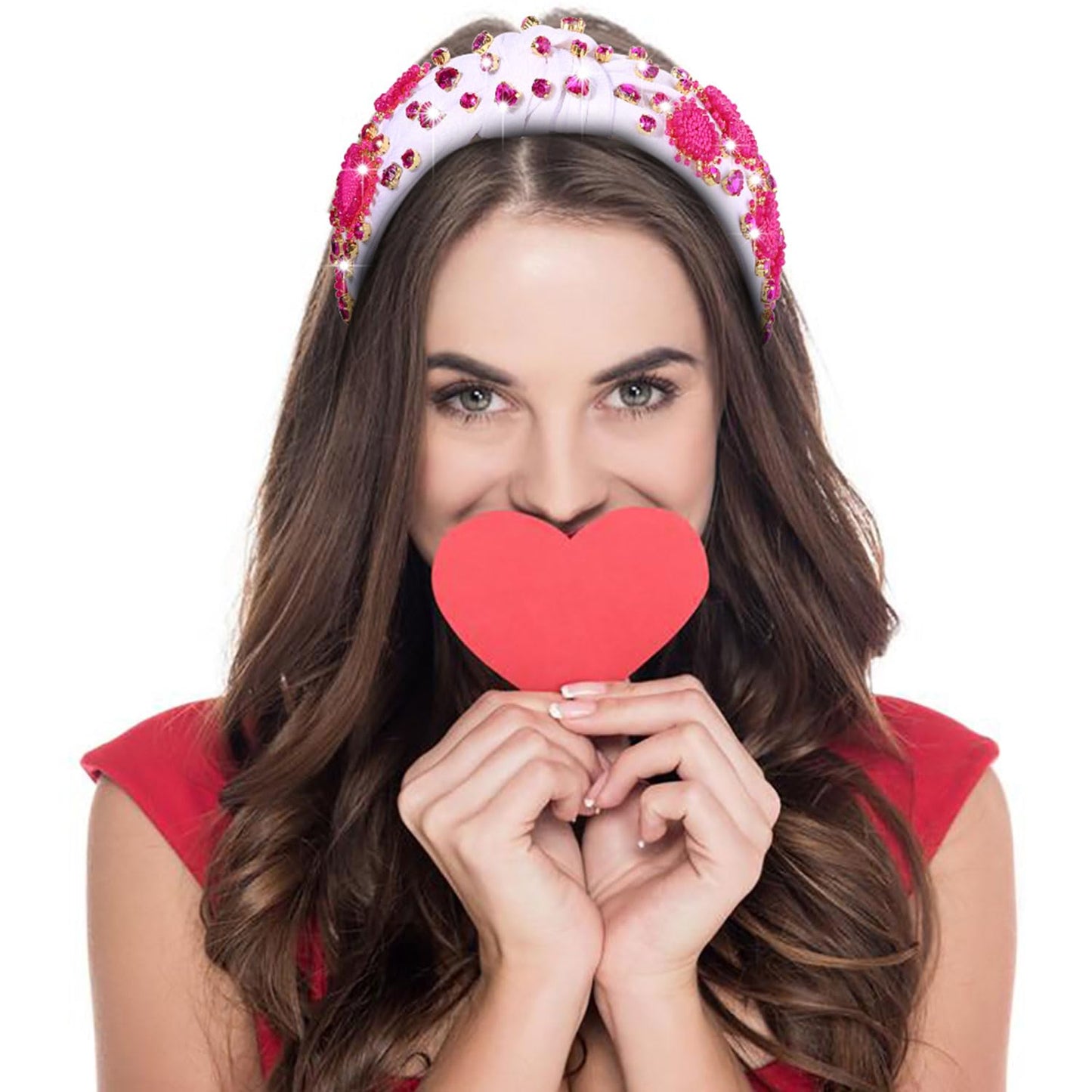 PHALIN Valentine's Day Headband for Women Beaded Heart Knotted Headband Embellished Crystal XOXO Headband Valentine's Day Hair Accessories Gifts (Style E)