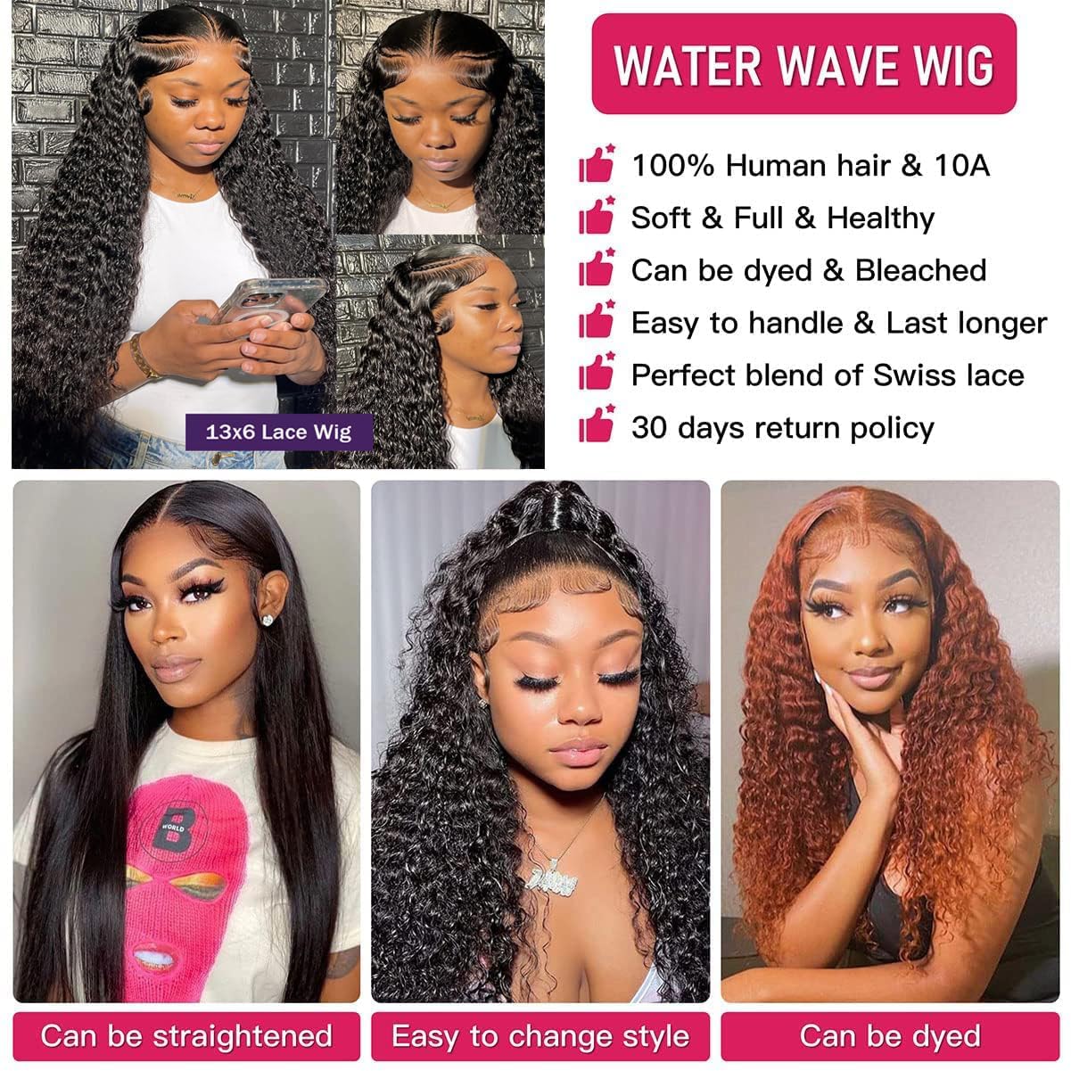 UWLK 13x6 Water Wave Lace Front Wigs Human Hair Pre Plucked 180% Density 13x6 HD Transparent Frontal Wigs Human Hair Water Wave Human Hair Lace Front Wigs for Women with Baby Hair (22 Inch)