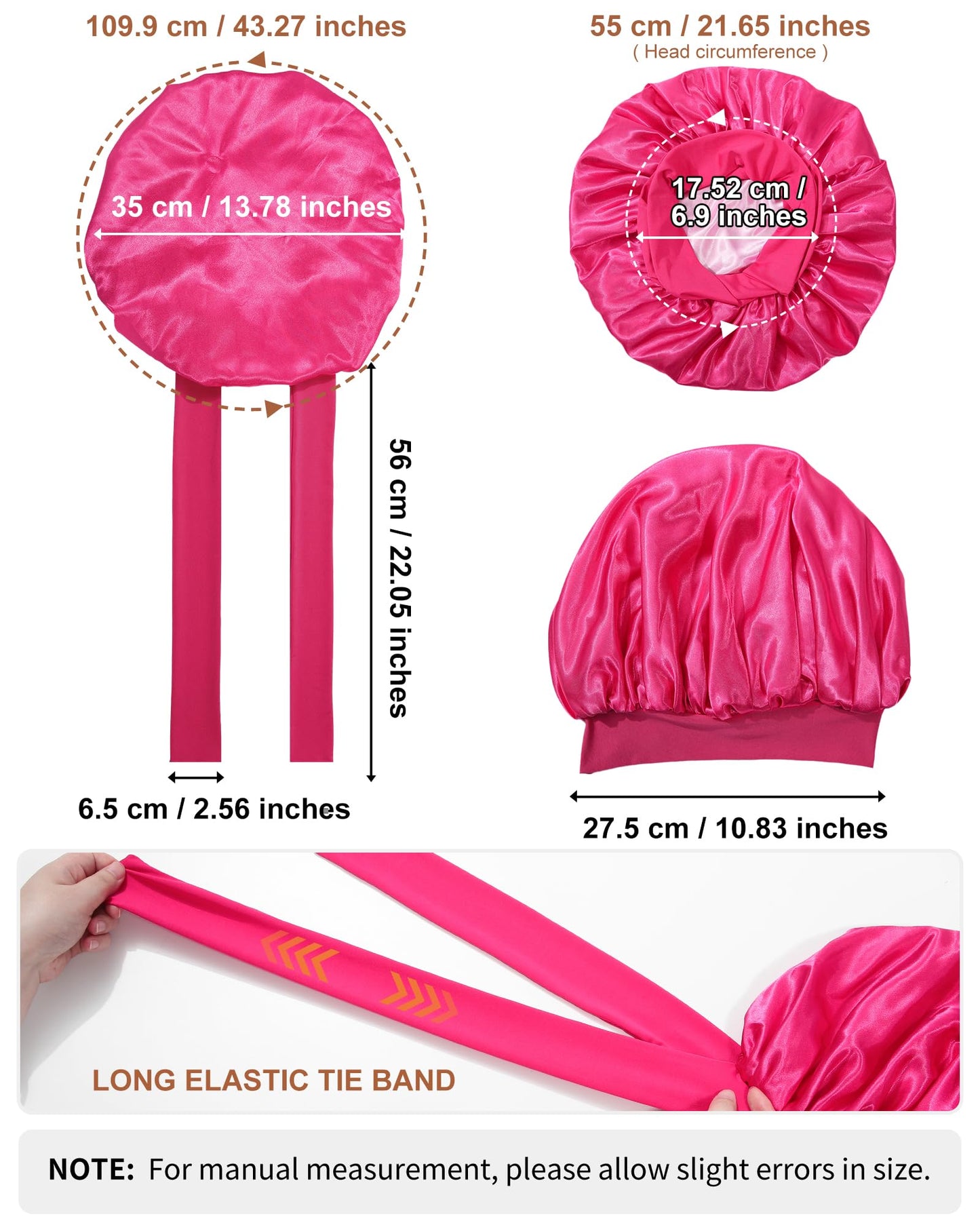 Satin Bonnet for Women Silk Bonnets for Sleeping Curly Hair Bonnet with Elastic Tie Band Reversible Double Layer Sleep Cap Hair Wrap (Rose Red + Pink)