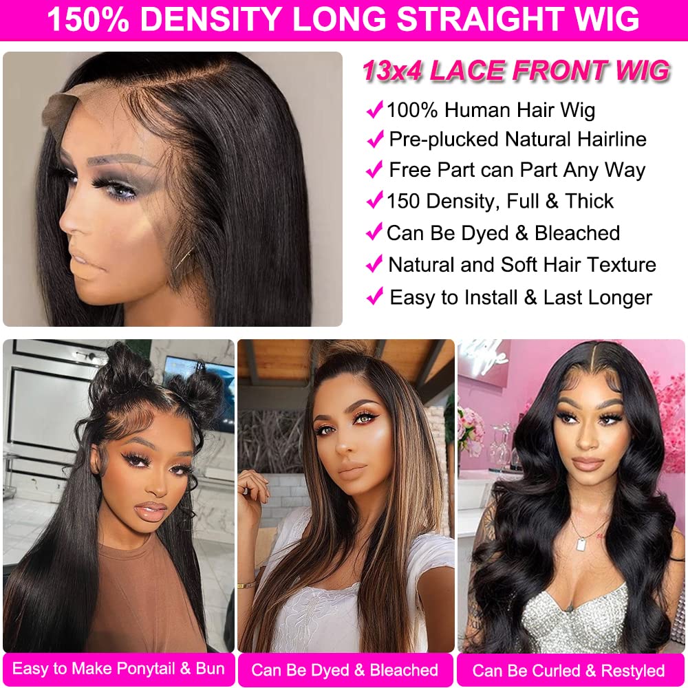 QD-Tizer Long Straight Lace Front Wigs Human Hair Pre Plucked with Baby Hair Glueless 150% Density 13x4 HD Lace Frontal Human Hair Wigs for Black Women Natural Hairline