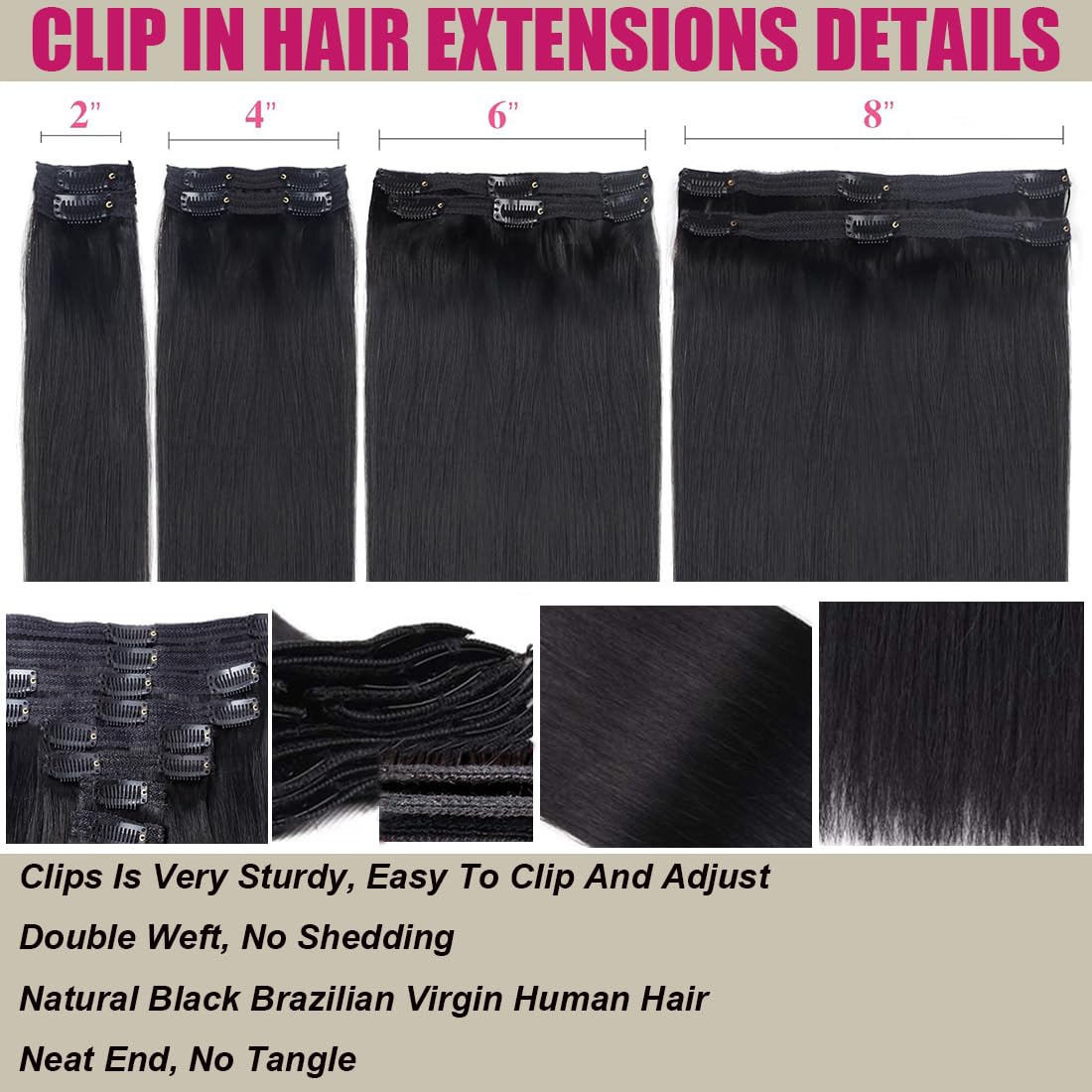 Straight Clip in Hair Extensions Real Human Hair Clip ins Double Weft Straight Clip ins Human Hair Extensions Full Head Natural Black for Women 8Pcs with 18Clips, 120G, 24Inch