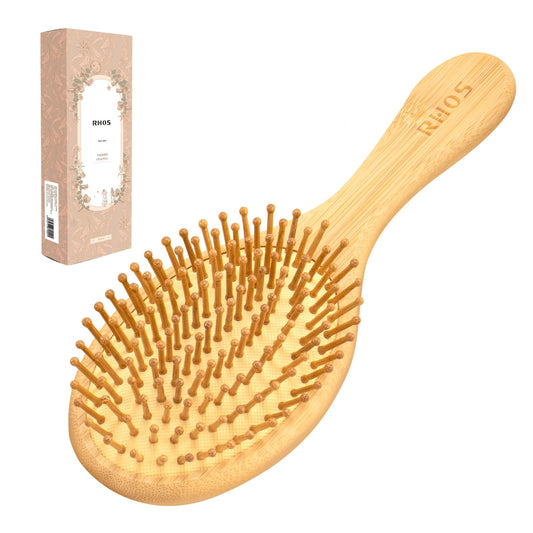 RHOS Wooden Hair Brush for Women and Men, Bamboo Bristles, Oblong, Promotes Hair Growth, Reduces Static Electricity, Suitable for All Hair Types, 9.72 Inch X 3.35 Inch X 1.49 Inch, Hair Brush