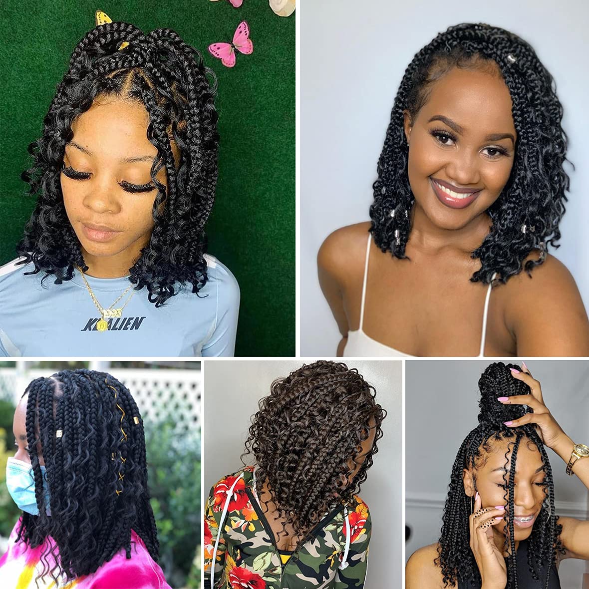 Unionbeauty 8 Packs Boho Box Braids Crochet Hair 14 Inch Messy Goddess Box Braids Crochet Hair Curly Ends Pre-looped Individual Synthetic Braiding Hair Bob Bohemian Hippie Braids for Black Woman 1B#