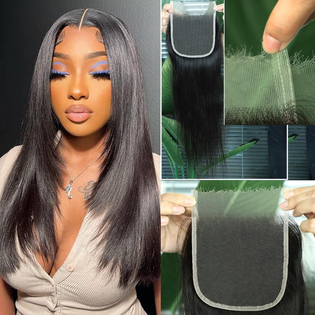 QTHAIR 14A Brazilian Straight Hair 3 Bundles with Transparent HD Lace Closure(12" 14" 14" with 10") Brazilian Straight Virgin Hair Weave 100% Unprocessed Brazilian Hair Straight Human Hair Weave